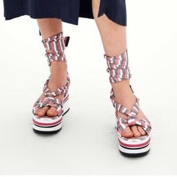 Zara Striped Fabric Lace-Up Platform Sandal - Picture 1 of 7